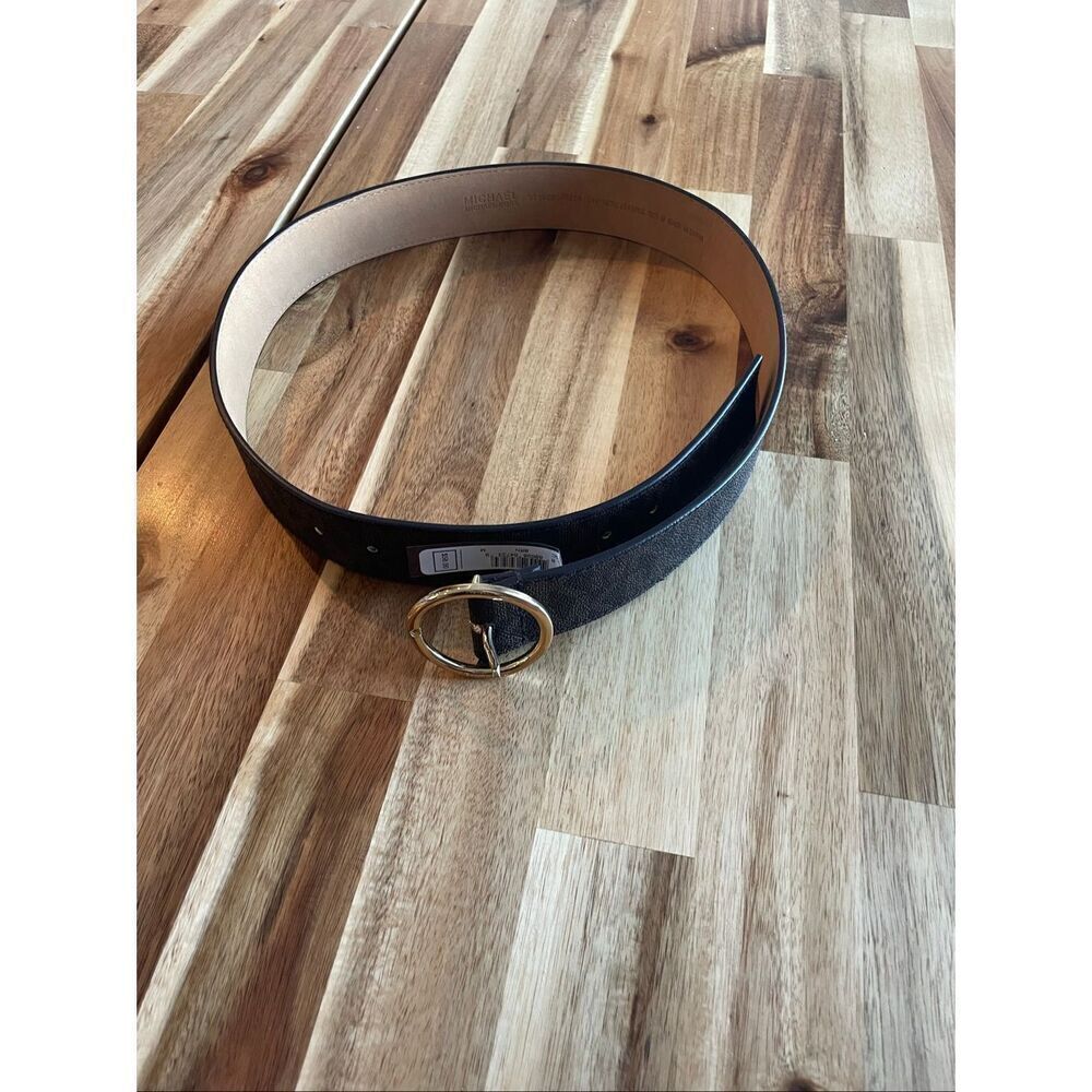 MICHAEL KORS 553725C MK Signature Belt Brown Leather-Gold Round Buckle